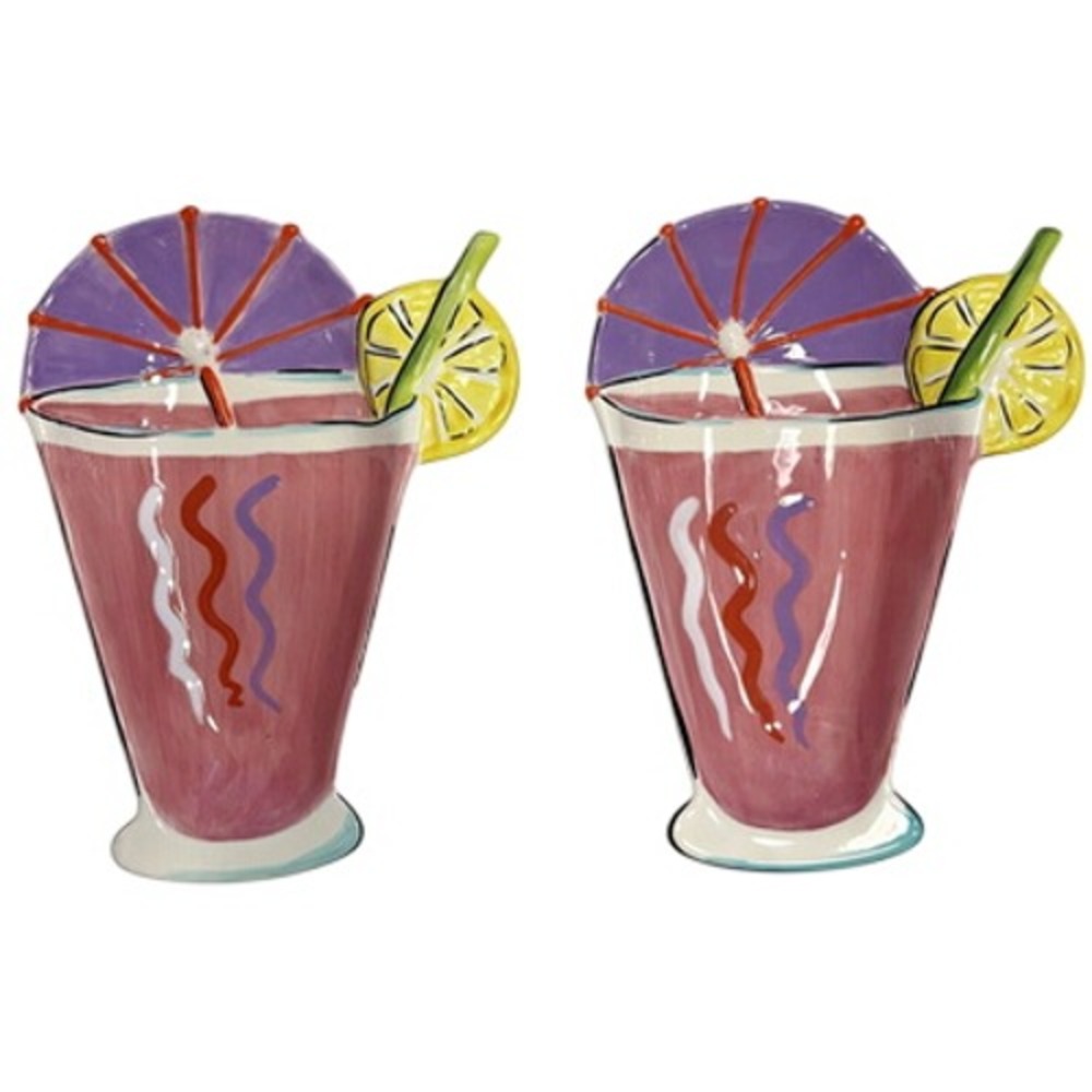 2 Clay Art‎ Hand Painted Dishes Summer Umbrella Drink Lemon Straw Pink Purple